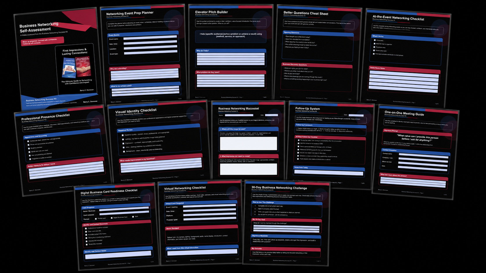 Complete Business Networking Success Kit with guide, worksheets, checklists, prompts, and follow-up tools.
