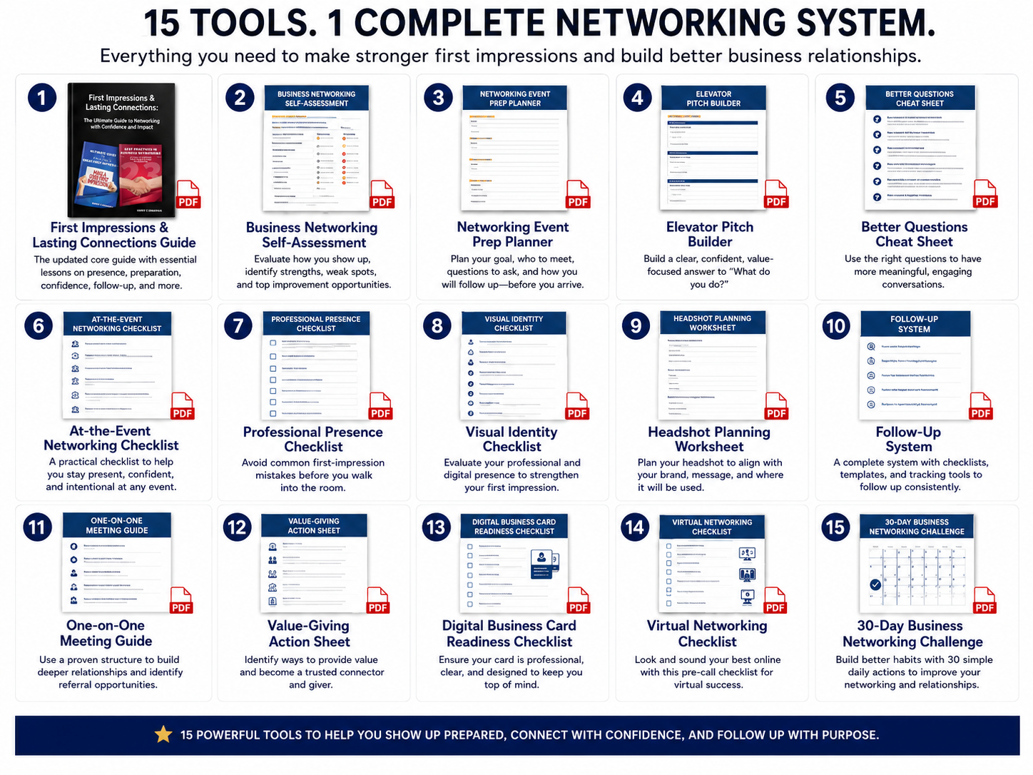 Grid of Business Networking Success Kit resources including guide, worksheets, checklists, and 30-day challenge.
