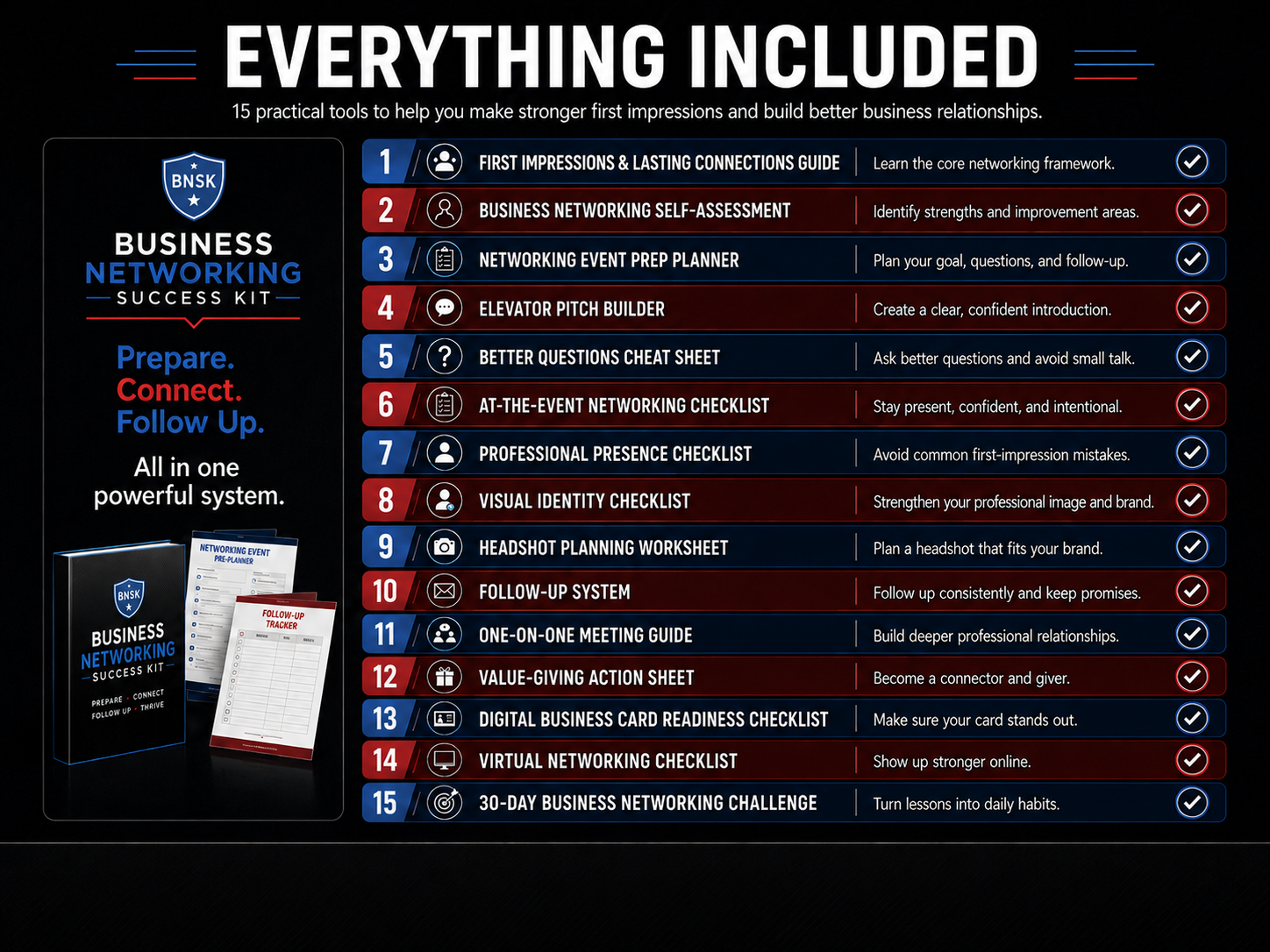 Value stack showing everything included in the Business Networking Success Kit.