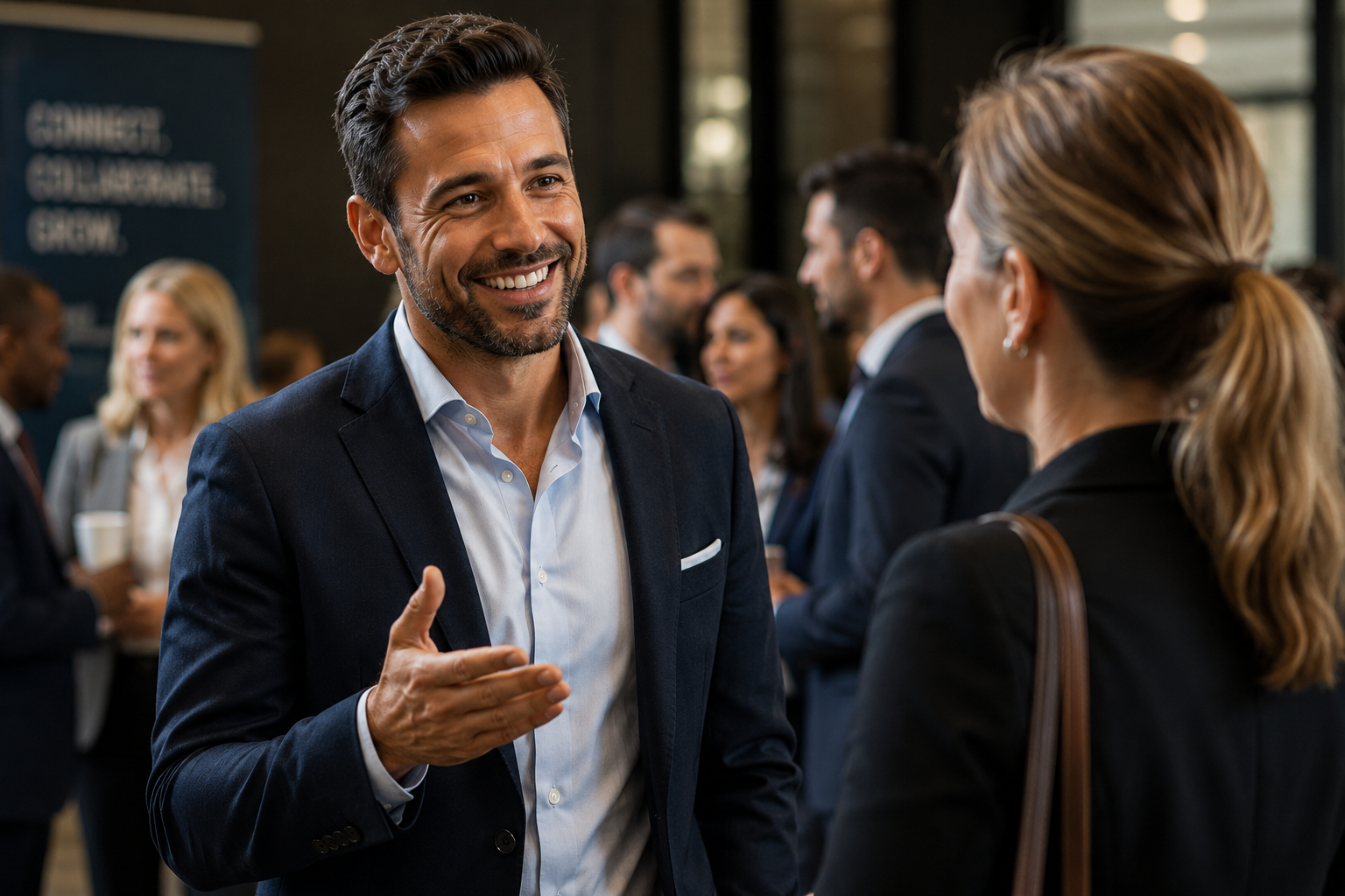 Confident professional making a strong first impression during a business conversation.
